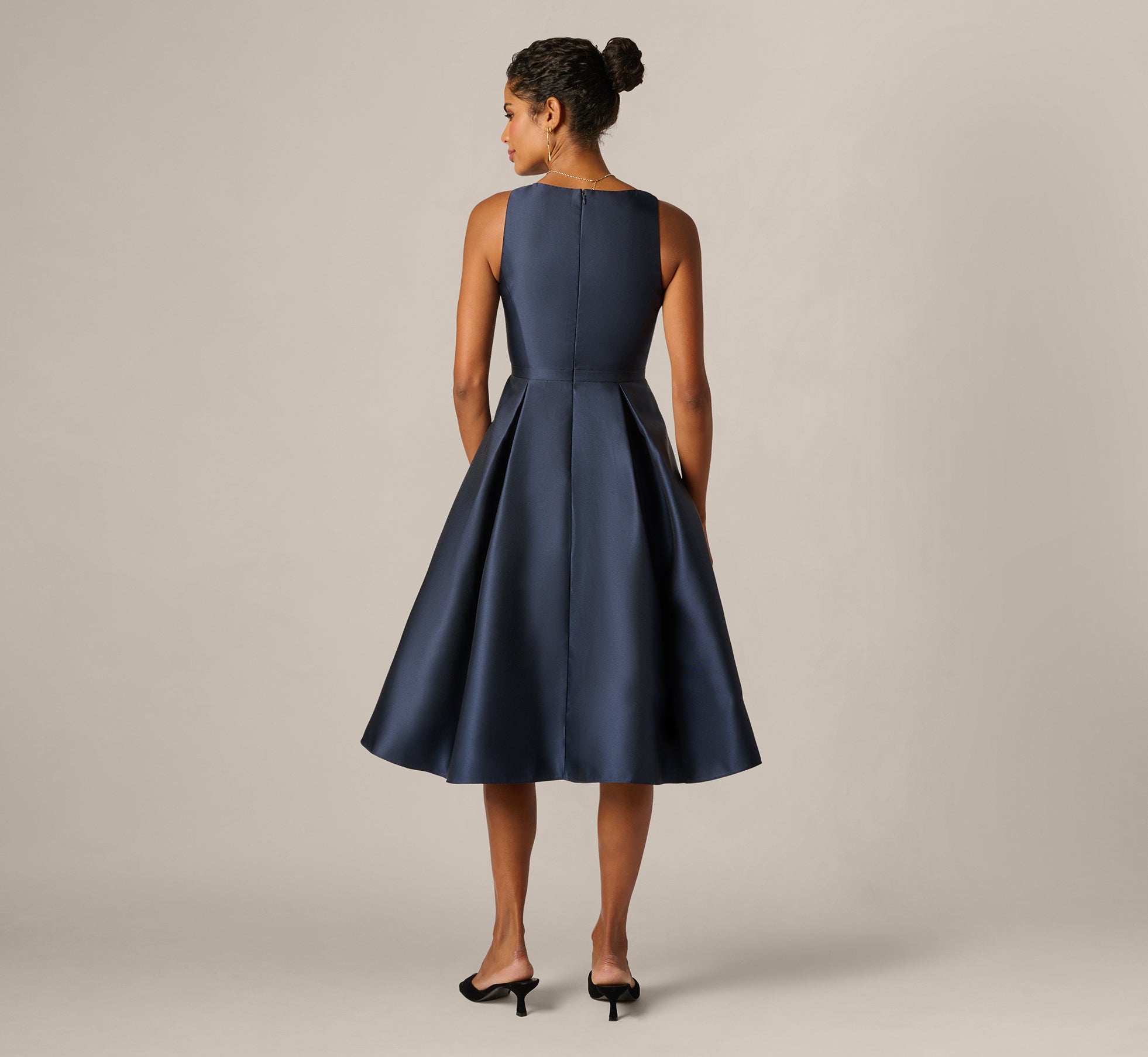 Mikado Bow Waist Fit And Flare Midi Dress In Midnight