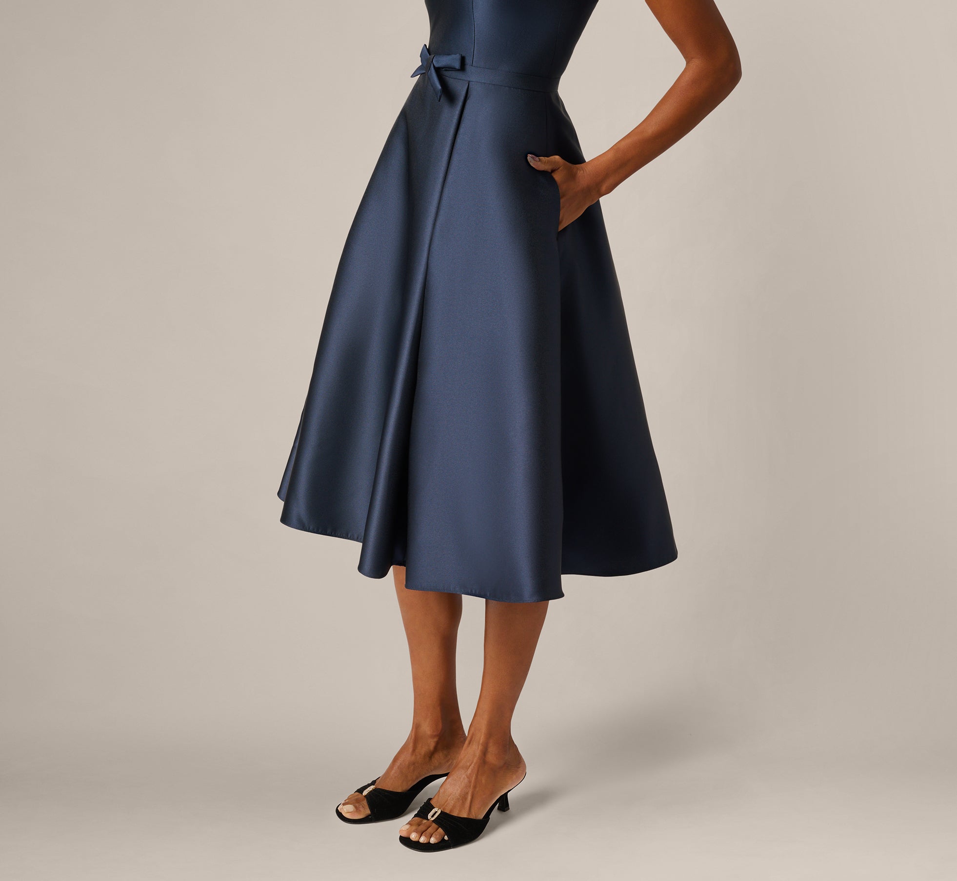 Mikado Bow Waist Fit And Flare Midi Dress In Midnight