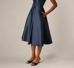Mikado Bow Waist Fit And Flare Midi Dress In Midnight