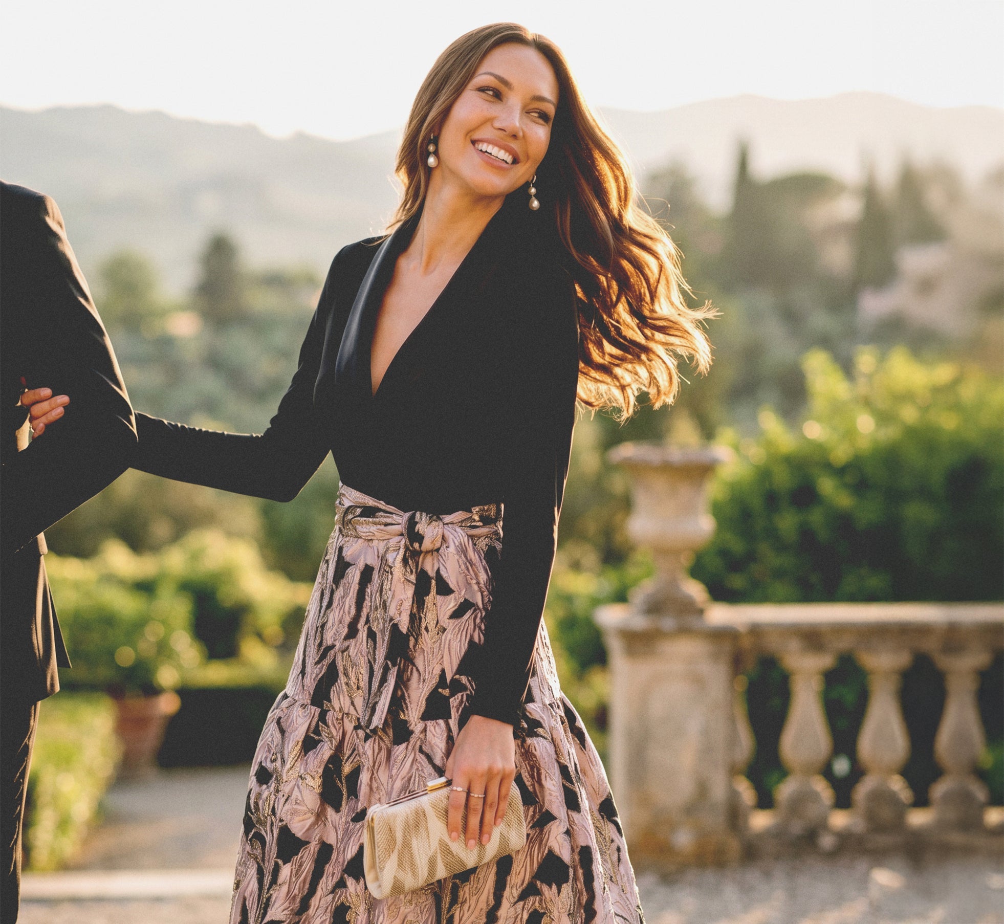 Long Sleeve Combo Tuxedo Ankle Length Gown In Black Blush
