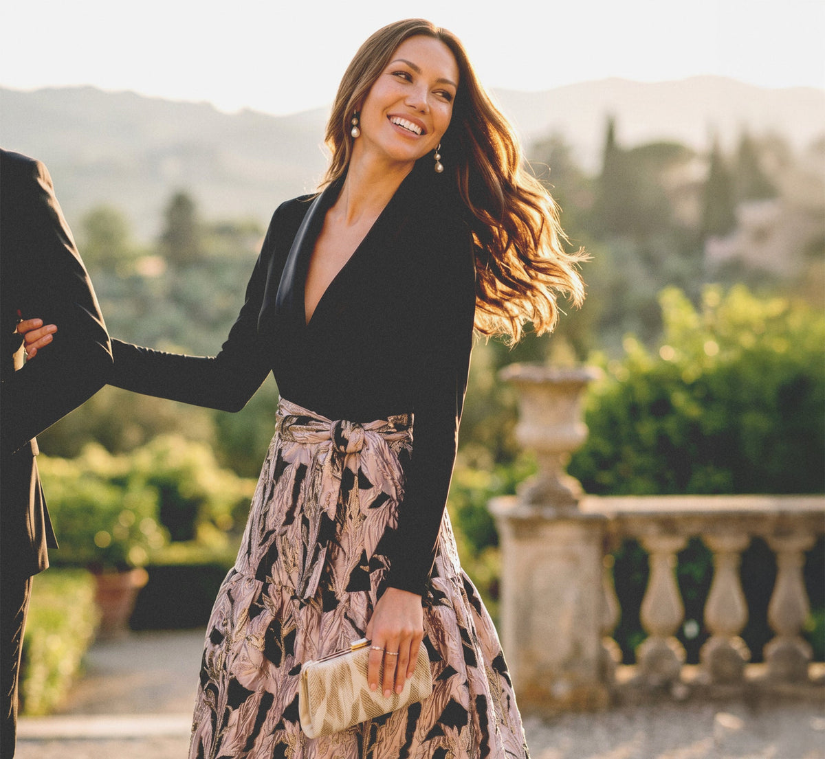 Long Sleeve Combo Tuxedo Ankle Length Gown In Black Blush