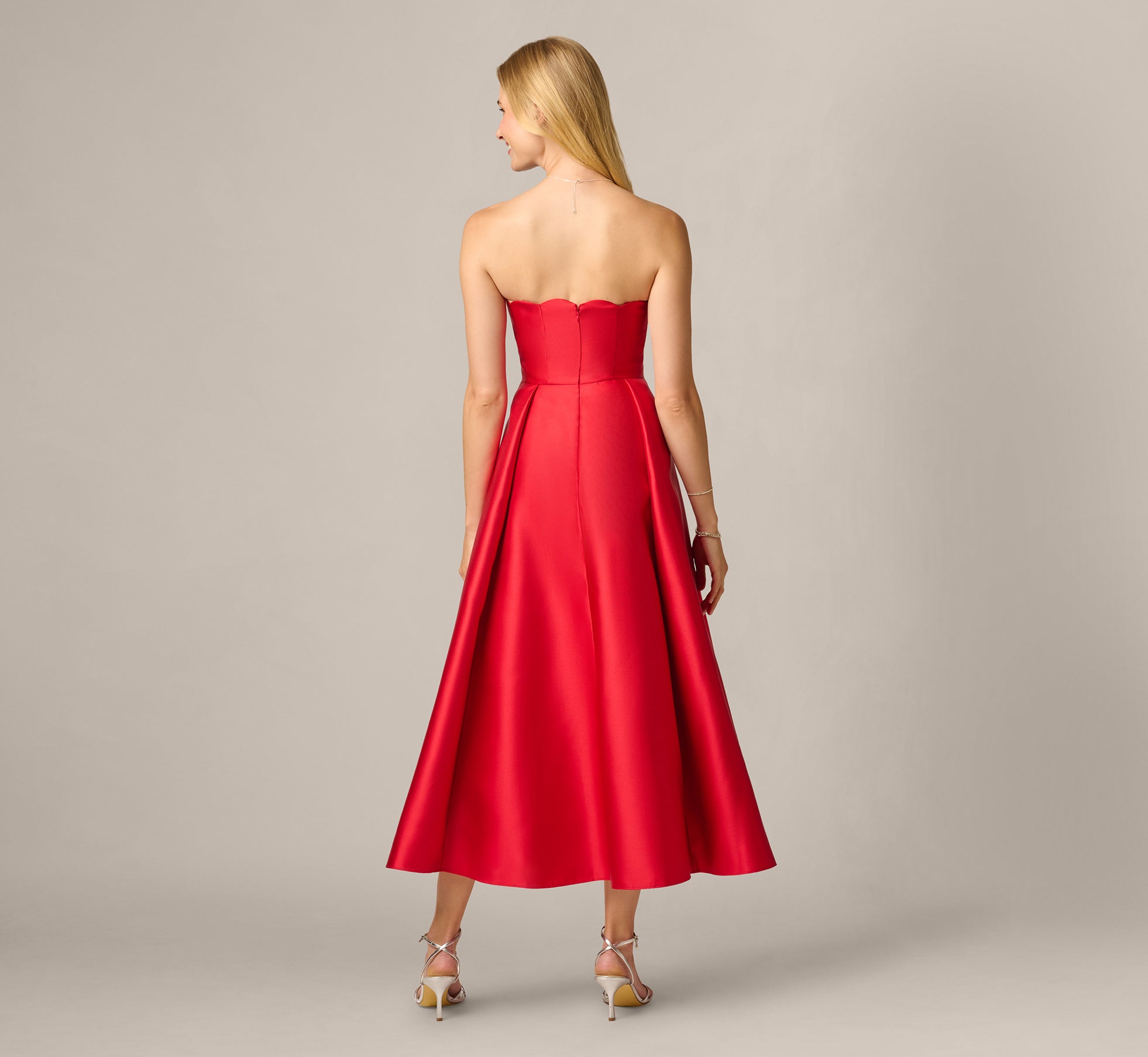 Strapless Scalloped Fit And Flare Ankle Length Dress In Red
