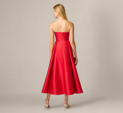 Strapless Scalloped Fit And Flare Ankle Length Dress In Red