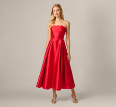 Strapless Scalloped Fit And Flare Ankle Length Dress In Red