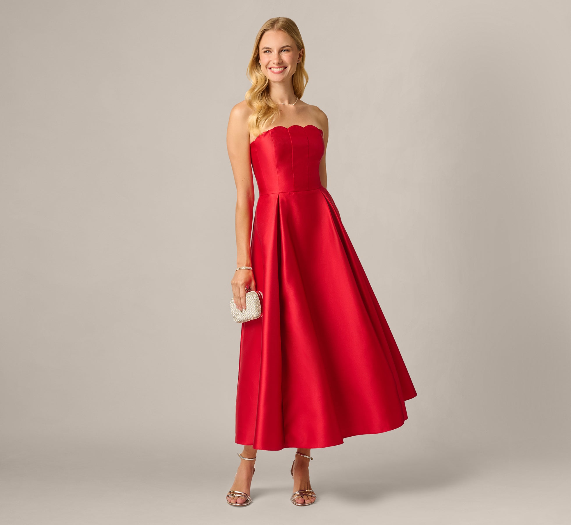 Strapless Scalloped Fit And Flare Ankle Length Dress In Red