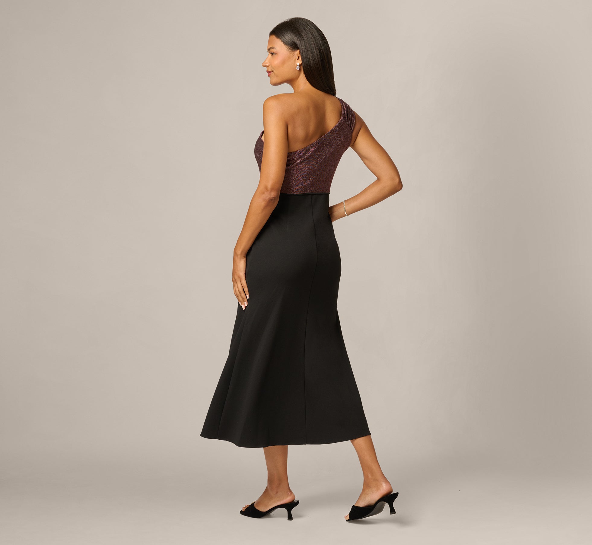 One Shoulder Shimmer Knit Combo Ankle Length Dress In Chocolate Black