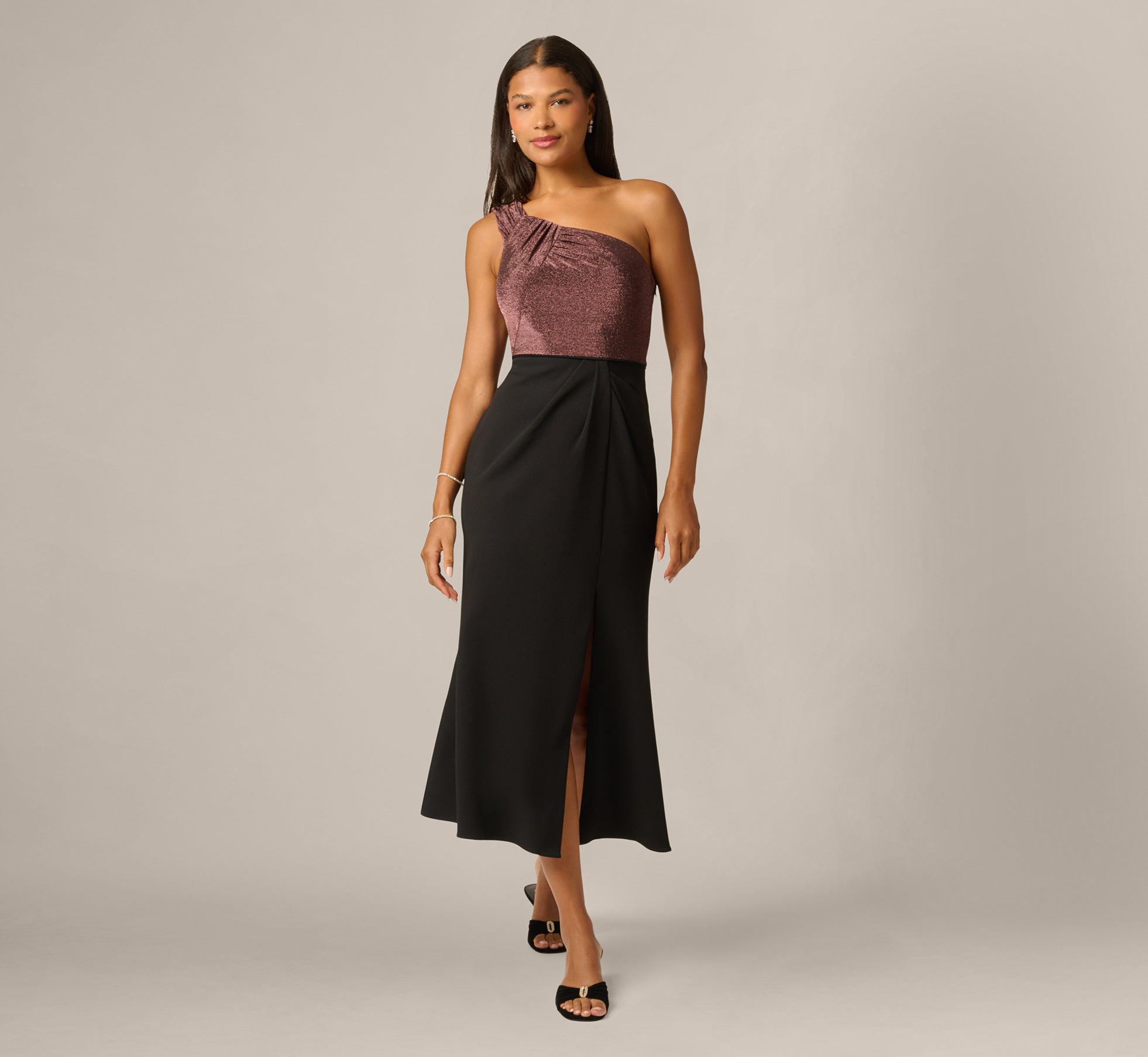 One Shoulder Shimmer Knit Combo Ankle Length Dress In Chocolate Black