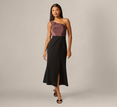 One Shoulder Shimmer Knit Combo Ankle Length Dress In Chocolate Black