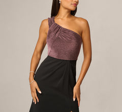 One Shoulder Shimmer Knit Combo Ankle Length Dress In Chocolate Black
