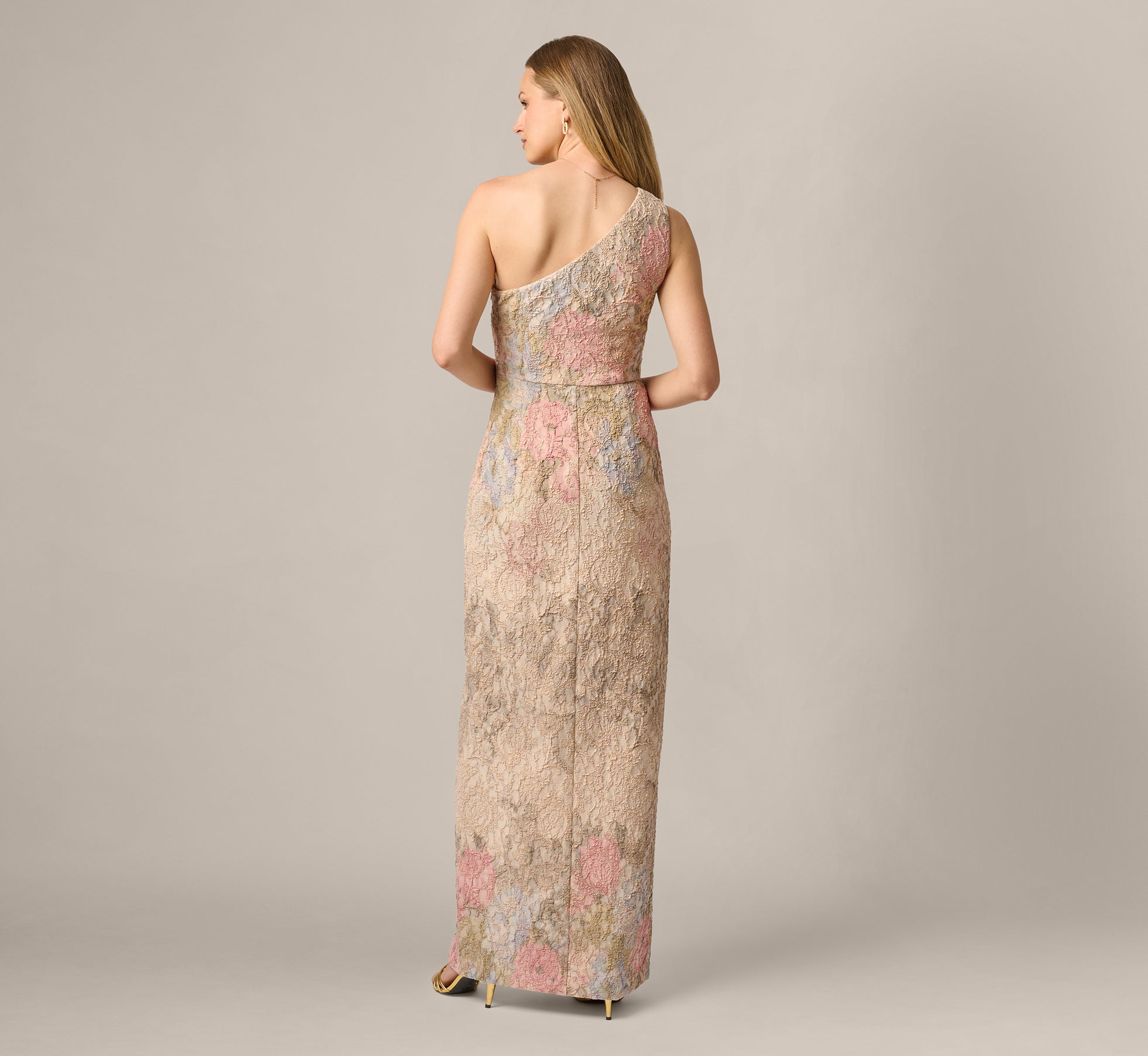 One Shoulder Floral Matelasse Column Gown In Blush Multi
