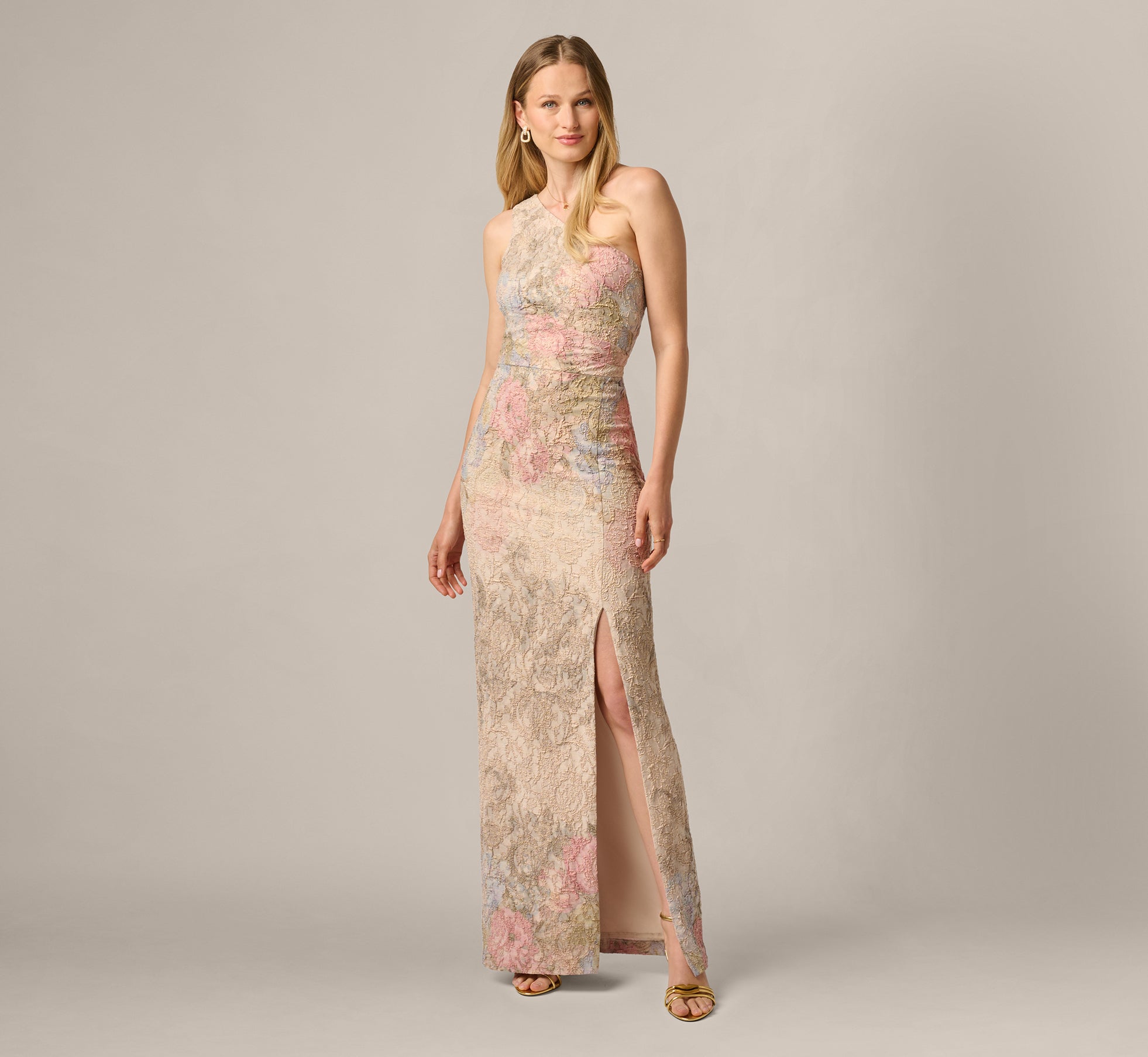One Shoulder Floral Matelasse Column Gown In Blush Multi