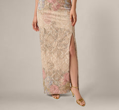 One Shoulder Floral Matelasse Column Gown In Blush Multi