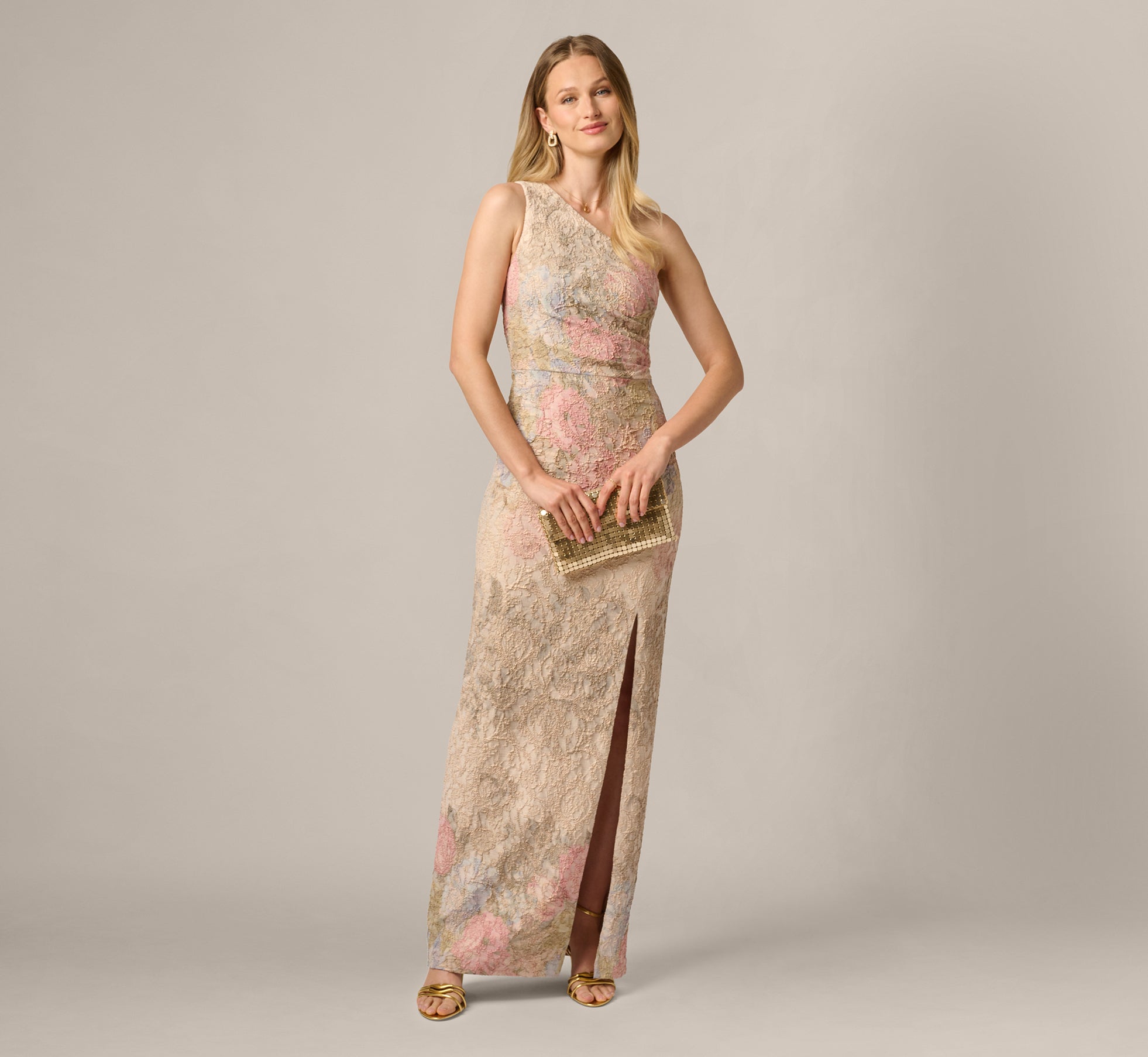 One Shoulder Floral Matelasse Column Gown In Blush Multi