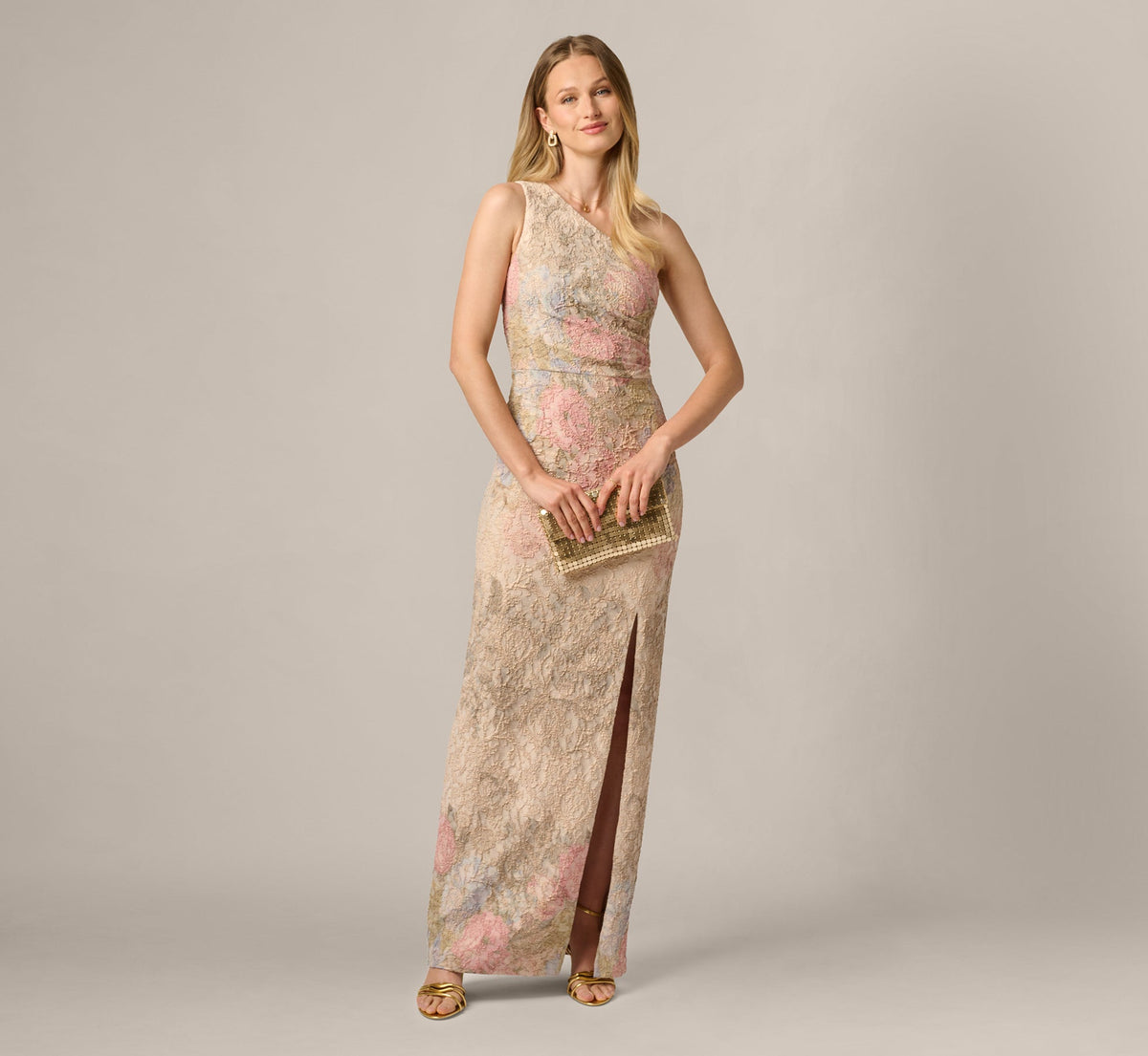 One Shoulder Floral Matelasse Column Gown In Blush Multi