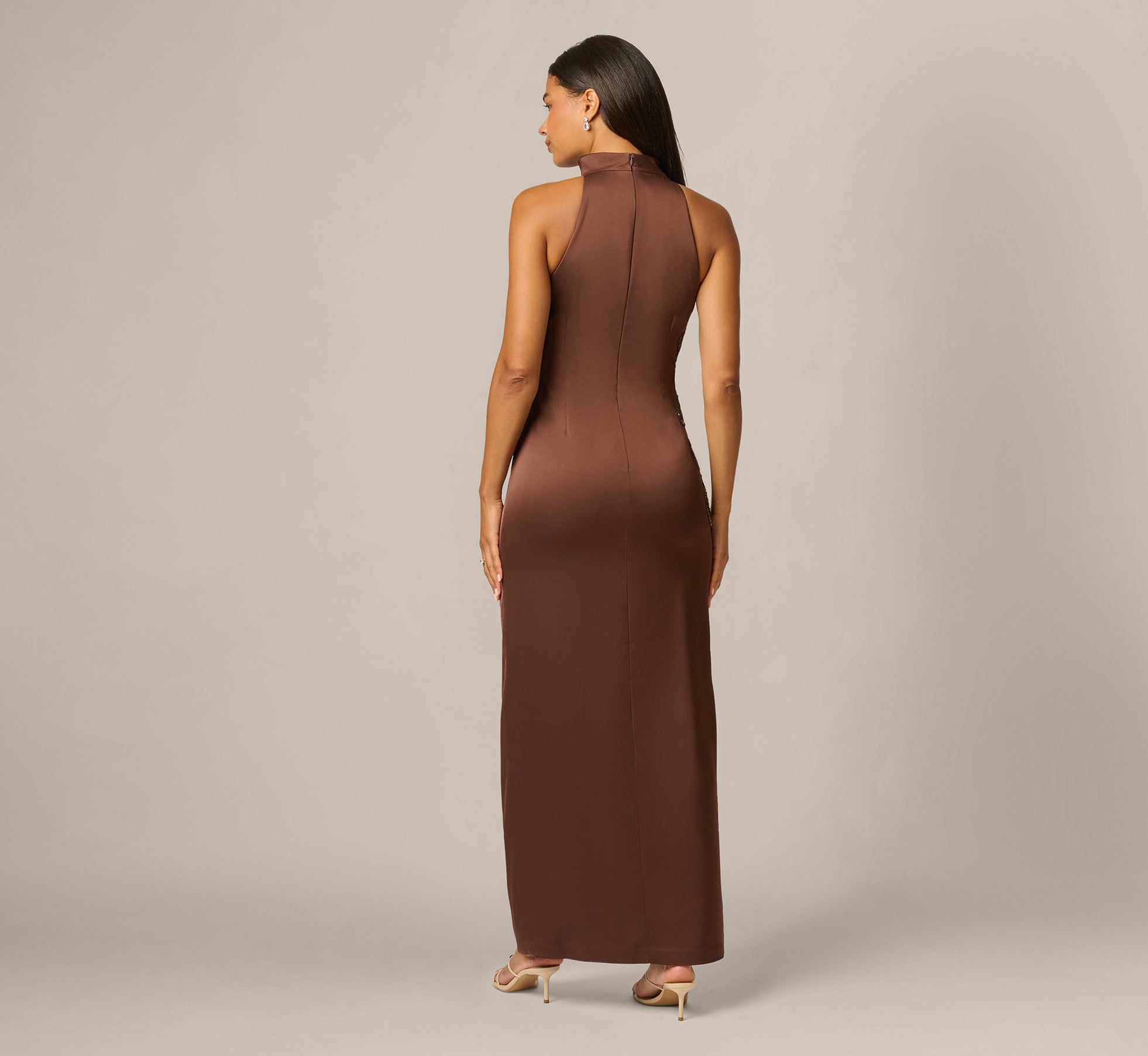 Satin Beaded Soutache Cowl Halter Gown In Espresso