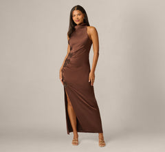 Satin Beaded Soutache Cowl Halter Gown In Espresso