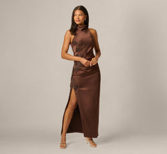 Satin Beaded Soutache Cowl Halter Gown In Espresso