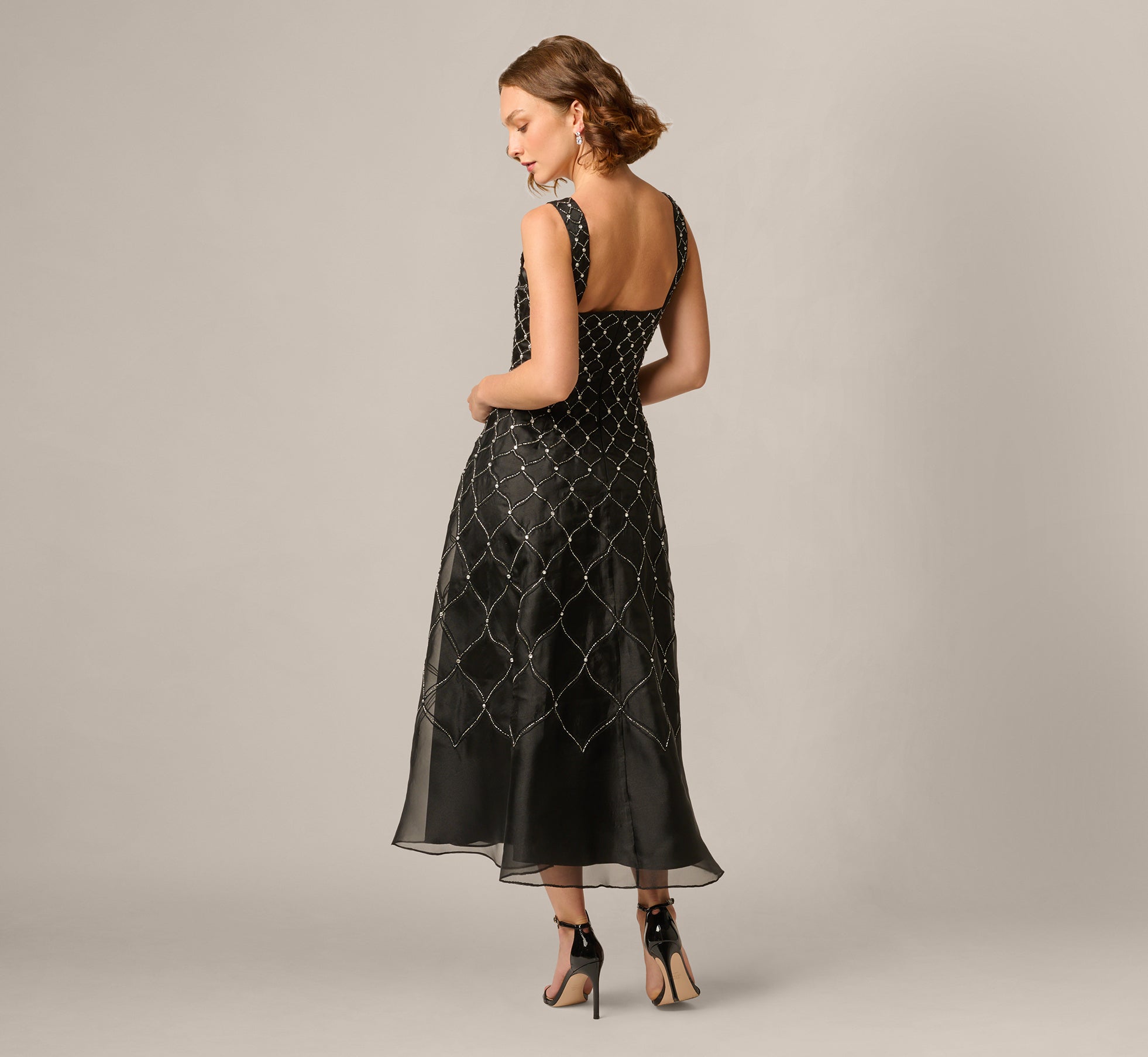 Square Neck Latice Beaded Ankle Length Dress In Black