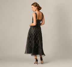 Square Neck Latice Beaded Ankle Length Dress In Black