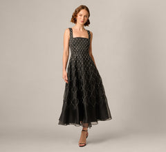 Square Neck Latice Beaded Ankle Length Dress In Black