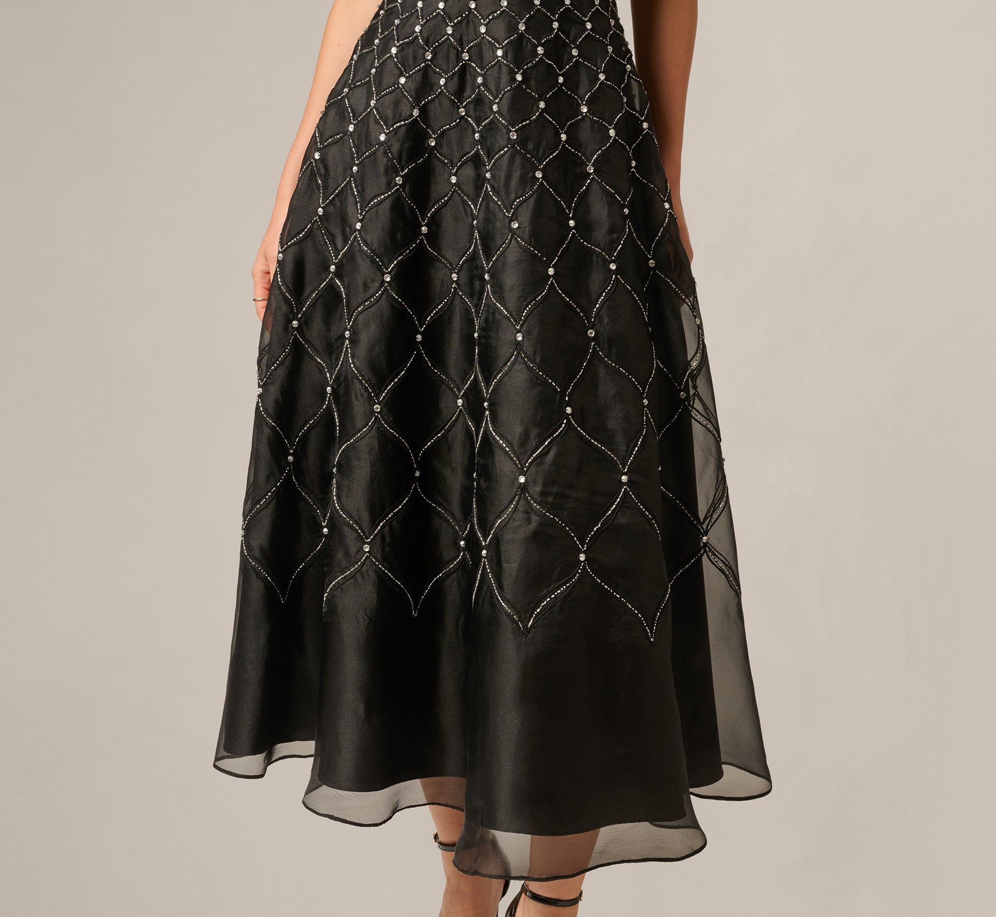 Square Neck Latice Beaded Ankle Length Dress In Black