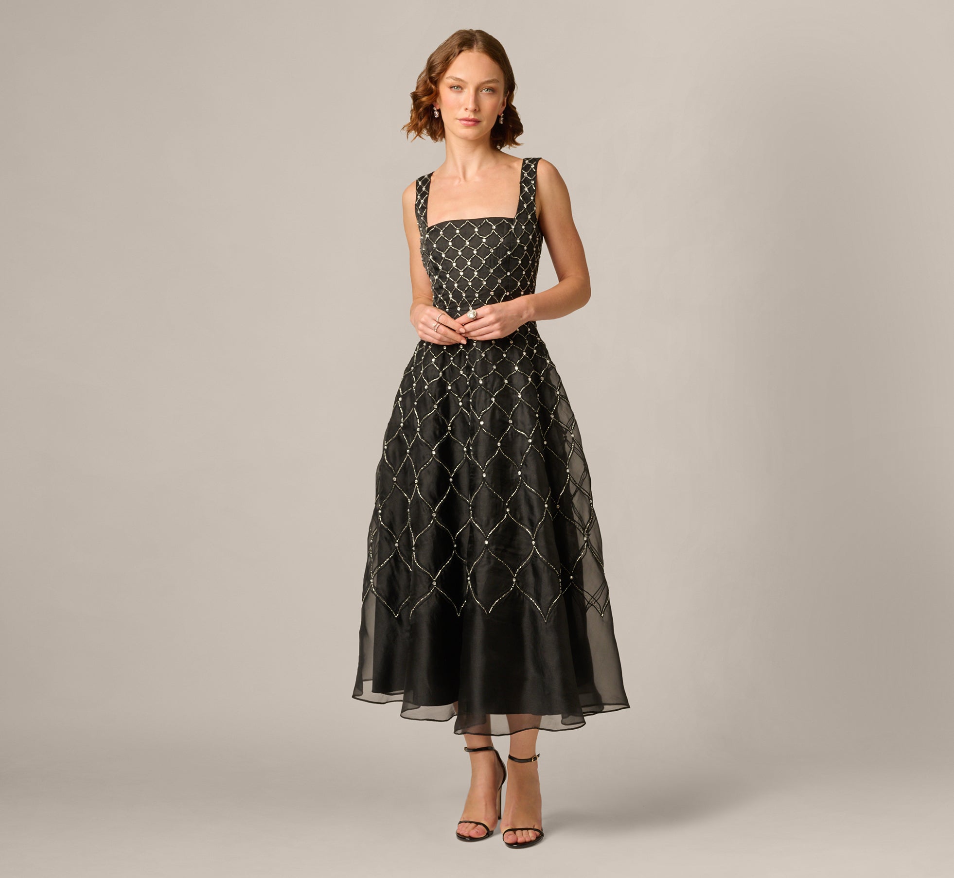 Square Neck Latice Beaded Ankle Length Dress In Black
